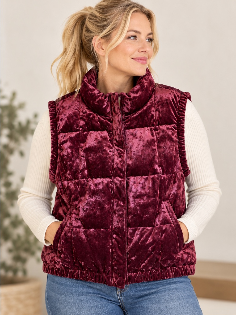 Lolë Le Rose Velvet Puffer Vest Burgundy Wine XL Quilted High Collar